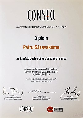 3.místo za rok 2016 podle počtu sjednaných smluv společnosti Conseq